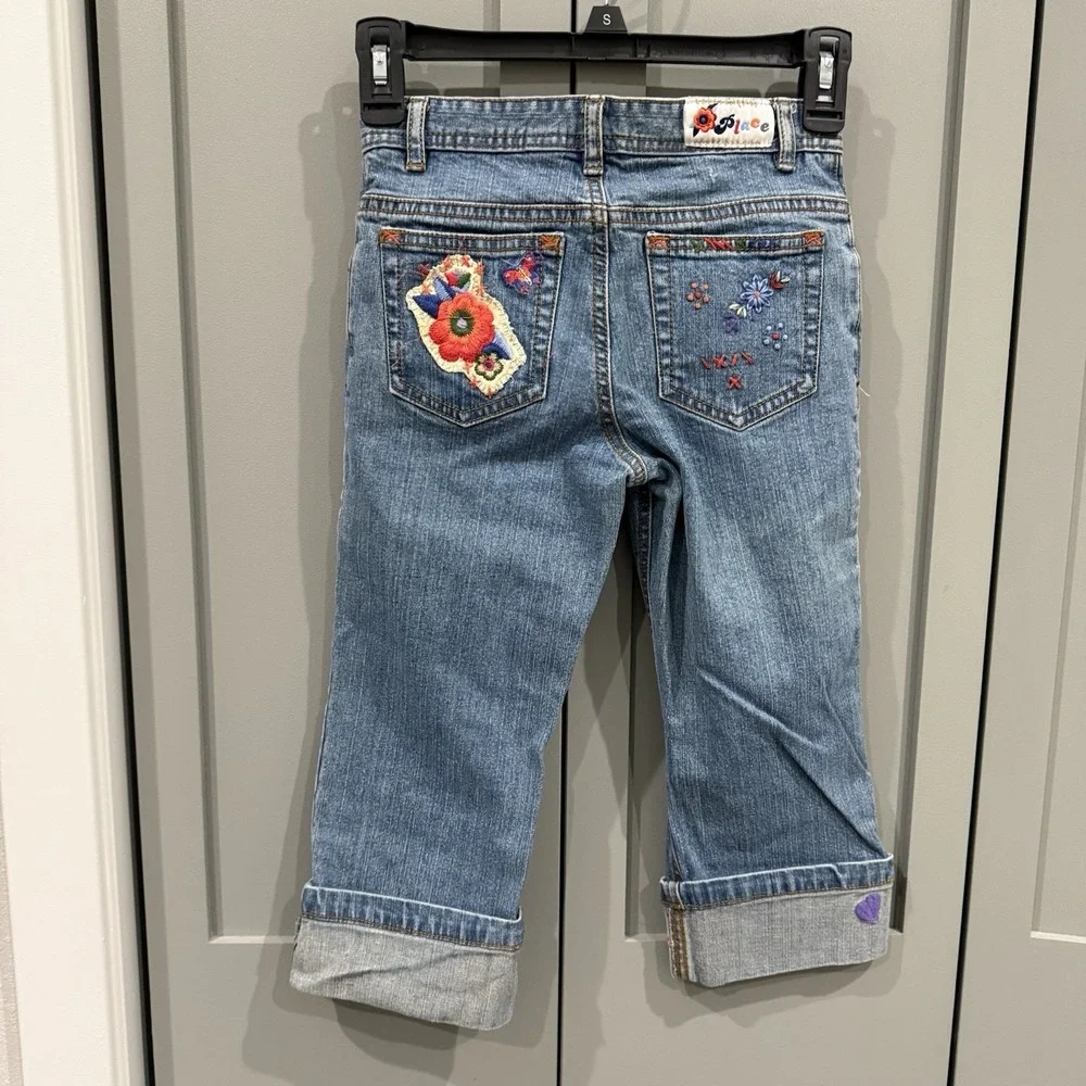 The Children's Place Embroidered Capri Pants Blue Jeans Girls 8 Floral Butterfly